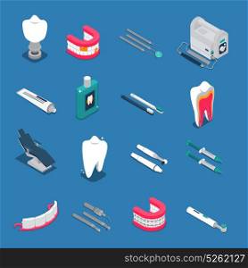 Stomatology Isometric Colored Icons. Stomatology isometric colored icons isolated on blue background with dentures and tools for dental care vector illustration