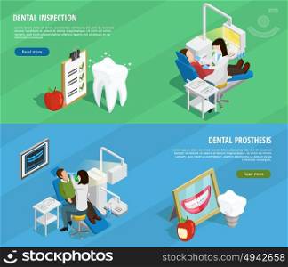 Stomatology Isometric Horizontal Banners. Stomatology isometric horizontal banners with orthodontic dentistry and tooth protection and checkup vector illustration