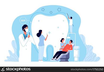 Stomatology. Orthodontics clinic, dental hygiene or dentist office. Private medicine dentistry services. Doctors and patient vector concept. Dental clinic, hospital dentistry, orthodontic illustration. Stomatology. Orthodontics clinic, dental hygiene or dentist office. Private medicine dentistry services. Doctors and patient vector concept