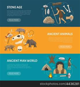 Stone Age Banners. Horizontal banners about life ancient man and animals in prehistoric stone age isolated vector illustration