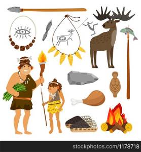 Stone age cartoon illustration. Prehistoric primitive tools and cave people isolated on white background, vector icons set. Stone age people and tools