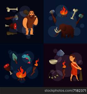 Stone Age elements. Vector cartoon cavemen and woman illustration. Prehistoric tools and animal. Stone Age elements. Vector cartoon cavemen illustration