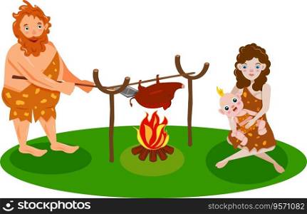 Stone Age family. Vector prehistoric man, woman and children cook food on a fire. Cavemen on a white background.Characters of primitive people. Prehistoric stone age caveman cartoon.