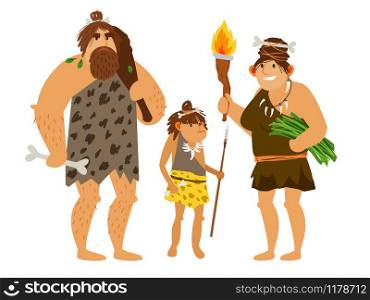 Stone age family. Vector prehistoric time woman, cave man and ancient daughter kid isolated on white background. Stone age family