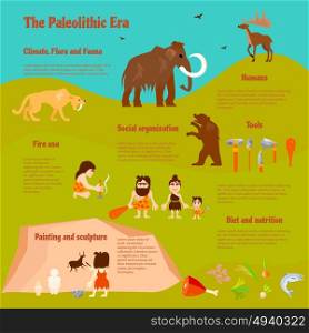 Stone Age Flat Infographics. Stone age flat infographics with tribe caveman ancient animals weapon activities and food vector illustration