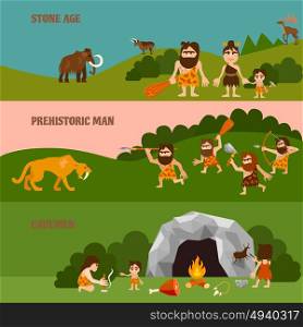 Stone Age Horizontal Banners . Stone age horizontal banners with hunting cavemen cave tribe bonfire and animals in flat style vector illustration