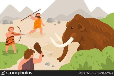 Stone age hunting. Ancient men chasing mammoth animal, angry caveman pursuit prey, neolithic prehistoric people with primitive weapons, bow and arrow, spear and club vector cartoon flat style concept. Stone age hunting. Ancient men chasing mammoth animal, angry caveman pursuit prey, neolithic prehistoric people with primitive weapons, bow and arrow, spear and club vector cartoon concept