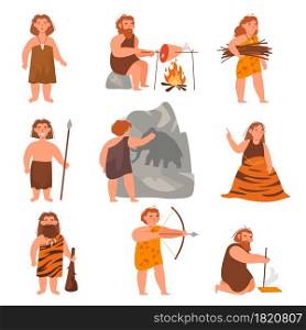 Stone age people. Ancient cute men and women cook, sew clothes from skins, hunt, produce fire in primitive way, caveman family tribe. Prehistoric time characters, vector cartoon flat isolated set. Stone age people. Ancient cute men and women cook, sew clothes from skins, hunt, produce fire in primitive way, caveman family tribe. Prehistoric time characters, vector isolated set