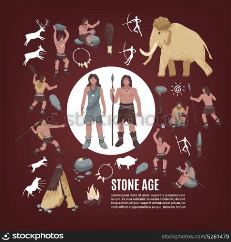 Stone Age People Icons Set. Stone age people icons set with weapon flat isolated vector illustration