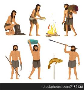 Stone age people isolated on white background. Ancient, primitive men and women with tools and fire. Vector neanderthal and primitive character illustration. Stone age people isolated on white background. Ancient, primitive men and women with tools and fire