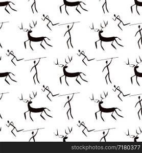 Stone age primitive painting seamless pattern background man and deer. Vector illustration. Stone age primitive painting seamless pattern background