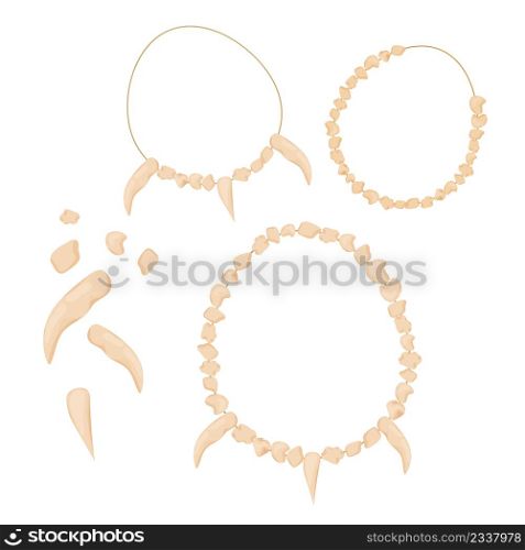 Stone age set of jewelry, amulet from bones, teeth isolated on white background in cartoon style. Various design and pieces. Caveman ancient hand made decoration. Vector illustration