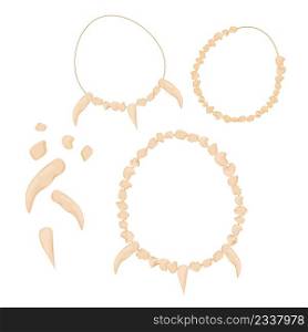 Stone age set of jewelry, amulet from bones, teeth isolated on white background in cartoon style. Various design and pieces. Caveman ancient hand made decoration. Vector illustration