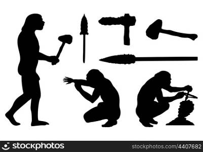 Stone Age. Silhouettes of ancient people and tools. A vector illustration