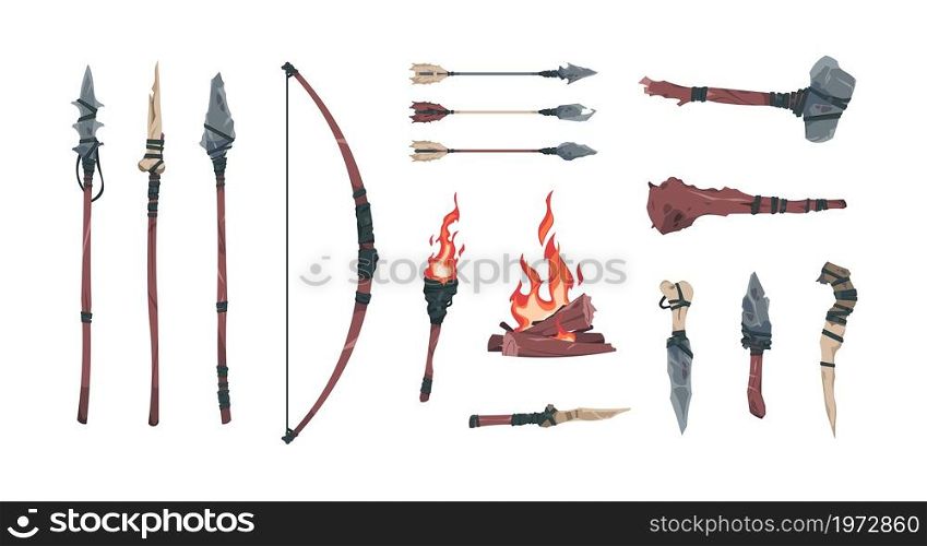 Stone age tools. Cartoon primitive caveman weapon. Prehistorical spear and axe. Bow and arrows. Neanderthal rock or wooden knifes. Bonfire and flaming torch. Vector ancient archaeological finds set. Stone age tools. Primitive caveman weapon. Prehistorical spear and axe. Bow and arrows. Neanderthal rock or wooden knifes. Bonfire and flaming torch. Vector archaeological finds set