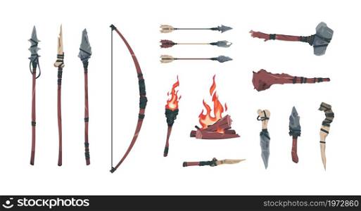 Stone age tools. Cartoon primitive caveman weapon. Prehistorical spear and axe. Bow and arrows. Neanderthal rock or wooden knifes. Bonfire and flaming torch. Vector ancient archaeological finds set. Stone age tools. Primitive caveman weapon. Prehistorical spear and axe. Bow and arrows. Neanderthal rock or wooden knifes. Bonfire and flaming torch. Vector archaeological finds set