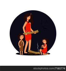 Stone age woman and girls get fire for warming up isolated on white. Vector illustration. Stone age woman and girls get fire