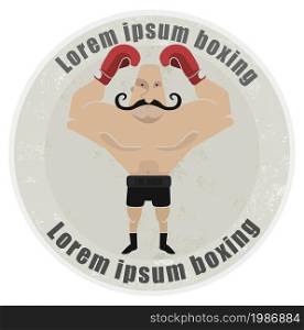 Stone athletic emblem with huge, bald, mustached heavyweight boxer. Boxer logo