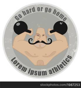 Stone athletic emblem with huge, bald, mustached strongman holding kettlebell. Athletic emblem with mustached strongman holding kettlebells
