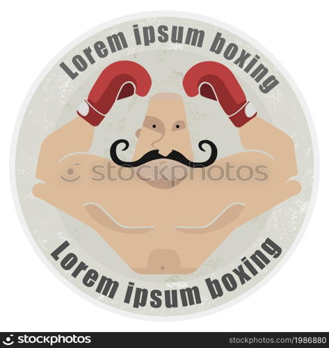 Stone athletic emblem with torso of huge, bald, mustached heavyweight boxer. Boxer logo small