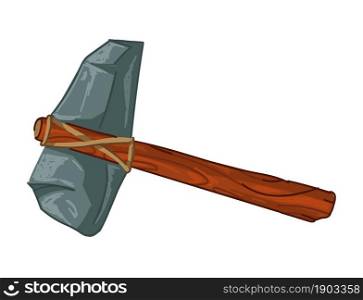 Stone ax, prehistoric instrument for work, isolated icon of tool made of wooden stick, rock and thread. Weapon used in fights, primitive historic hatchet, museum exponent. Vector in flat style. Prehistoric stone ax, tool equipment for work
