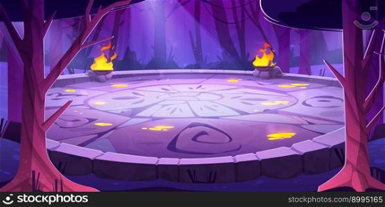 Stone battle arena with runes at night in magic dark forest cartoon background. Vector illustration with fantasy aztec universe with druid temple. Maya altar podium portal for arcade game.. Battle arena with runes at night in magic forest