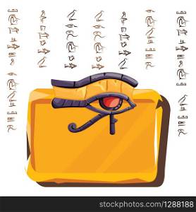 Stone board or clay plate with eye of Horus and Egyptian hieroglyphs cartoon vector illustration. Ancient object for recording storing information, graphical user interface for game design on white. Stone board or clay plate with eye of Horus