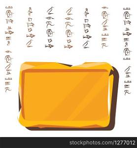 Stone board or clay tablet and Egyptian hieroglyphs cartoons vector illustration Ancient object for recording storing information, graphical user interface for game design isolated on white background. Stone board, clay tablet and Egyptian hieroglyphs