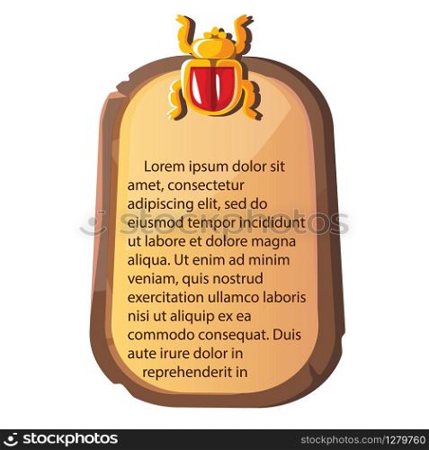 Stone board or clay tablet with Egyptian scarab beetle cartoon vector illustration Ancient object for recording storing information, graphical user interface for game design on white. Stone board, clay tablet and Egyptian hieroglyphs