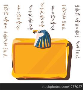 Stone board or clay tablet with falcon head and Egyptian hieroglyphs cartoon vector illustration Ancient object for recording storing information, graphical user interface for game design on white. Stone board, clay tablet and Egyptian hieroglyphs