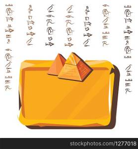 Stone board or clay tablet with pyramid silhouette and Egyptian hieroglyphs cartoon vector illustration Ancient object for recording storing information, graphical user interface, game design on white. Stone board, clay tablet and Egyptian hieroglyphs