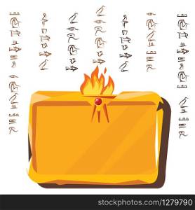 Stone board or clay tablet with sacrificial fire icon and Egyptian hieroglyphs cartoon vector illustration. Ancient object for recording storing information, graphical user interface for game design. Stone board, clay tablet and Egyptian hieroglyphs