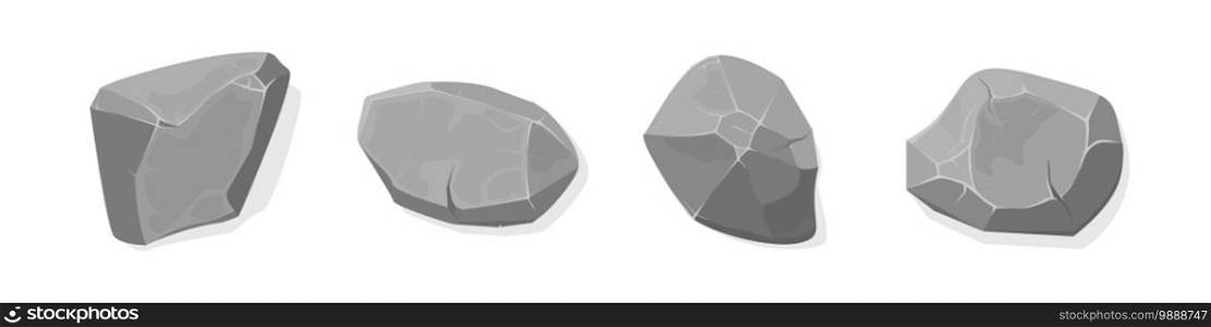 Stone boulder gray vector rock collection in flat cartoon style, construction decoration for game design isolated illustration.