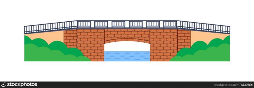 Stone bridge vector. City architecture element and bridge-construction across the river with carriageway isolated and lanterns on colourful landscape background.. Stone bridge vector. City architecture element and bridge-construction across the river with carriageway isolated and lanterns on colourful landscape