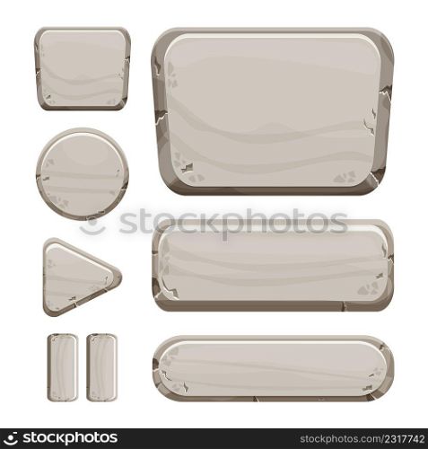 Stone buttons collection, set of rock assets in cartoon style isolated on white background. Mineral detailed objects ui game interface, app pannel. Vector illustration