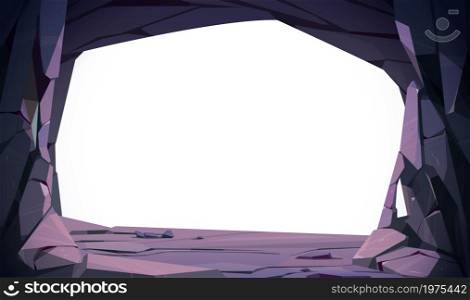 Stone cave entrance with empty white space inside. Vector template with cartoon stone frame. Illustration of stonewalls of tunnel in mountain, cavern or mine in rocks. Stone cave entrance with empty white space inside