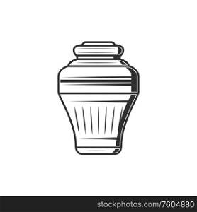 Stone container with human ash isolated burial cremation urn. Vector vase with dead dust. Monochrome burial vase isolated cremation urn