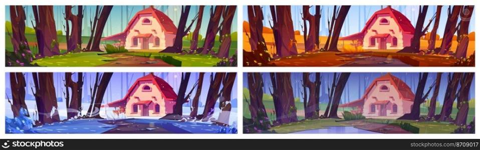 Stone farm house on forest glade in different seasons. Winter, summer, spring and autumn landscape of deep woods with forester home, vector cartoon illustrations set. Stone house on forest glade in different seasons