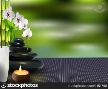 Stone, flower and bamboo on the table background. vector