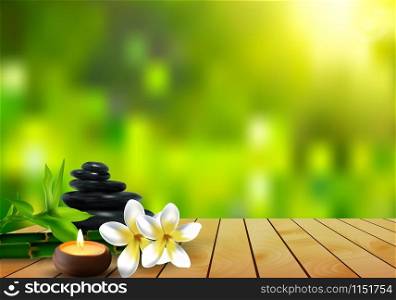 stone, flower, wax and bamboo background on the wood. vector