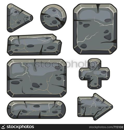 Stone frame. Rubble rocks banner, stones block arrows and gravel rock tablet frames for indie game app. Cartoon stone isolated vector icons set. Stone frame. Rubble rocks banner, stones block arrows and gravel rock tablet frames isolated vector set