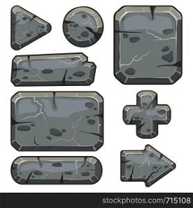 Stone frame. Rubble rocks banner, stones block arrows and gravel rock tablet frames for indie game app. Cartoon stone isolated vector icons set. Stone frame. Rubble rocks banner, stones block arrows and gravel rock tablet frames isolated vector set