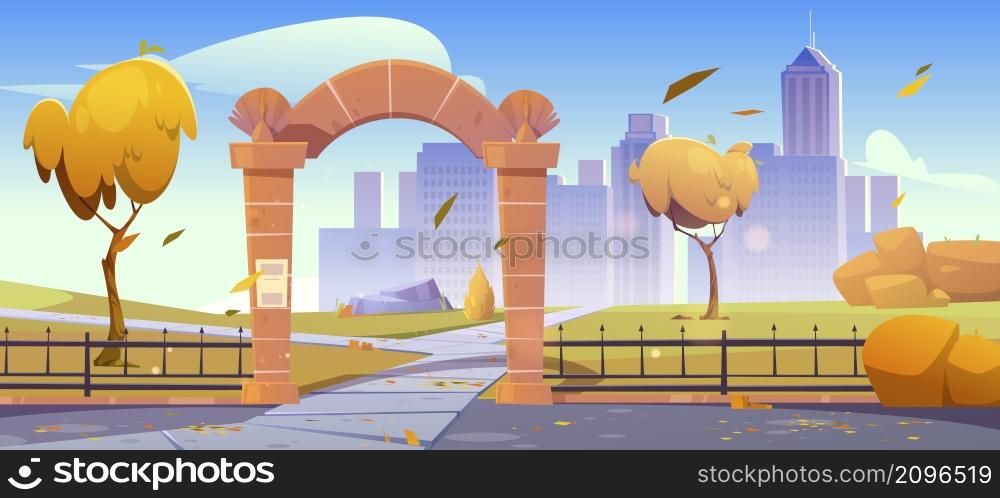 Stone gates, entrance to autumn city garden or park at cool weather. Urban skyline with metal fence, yellow trees and pathways on cityscape background with skyscrapers, Cartoon vector illustration. Stone gates, entrance to autumn city garden, park