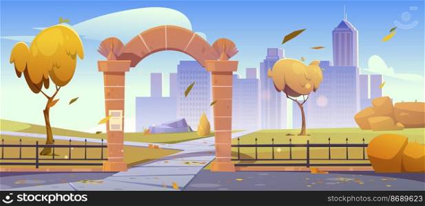 Stone gates, entrance to autumn city garden or park at cool weather. Urban skyline with metal fence, yellow trees and pathways on cityscape background with skyscrapers, Cartoon vector illustration. Stone gates, entrance to autumn city garden, park