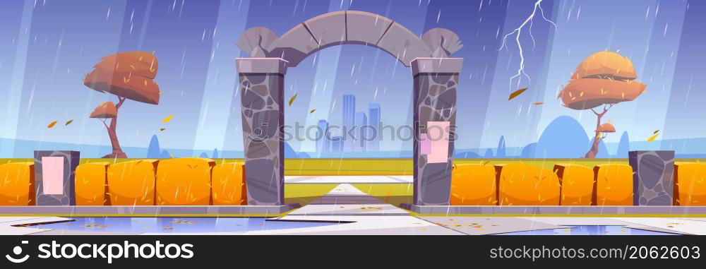 Stone gates, entrance to autumn city garden or park at rainy weather. Urban skyline with hedge fence, yellow trees and bushes on cityscape background with skyscrapers, Cartoon vector illustration. Stone gates, entrance to autumn city garden, park