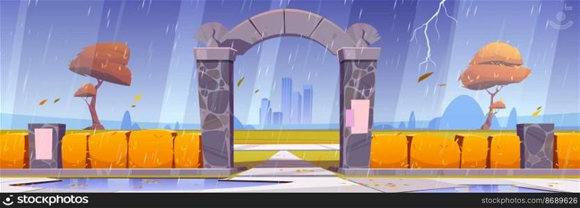 Stone gates, entrance to autumn city garden or park at rainy weather. Urban skyline with hedge fence, yellow trees and bushes on cityscape background with skyscrapers, Cartoon vector illustration. Stone gates, entrance to autumn city garden, park