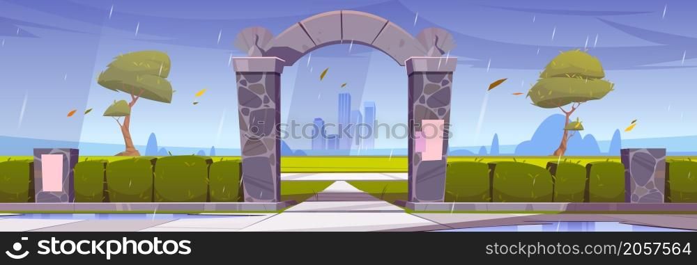 Stone gates, entrance to city garden or park at rainy weather. Urban skyline with rocky fence, green trees and bushes on Cityscape background with skyscrapers architecture, Cartoon vector illustration. Stone gates, entrance to city garden or park area