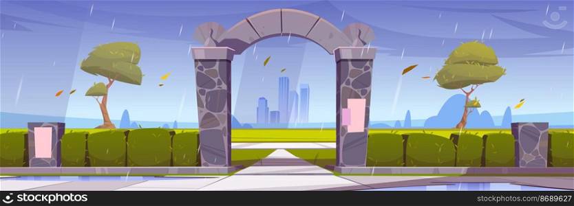 Stone gates, entrance to city garden or park at rainy weather. Urban skyline with rocky fence, green trees and bushes on Cityscape background with skyscrapers architecture, Cartoon vector illustration. Stone gates, entrance to city garden or park area