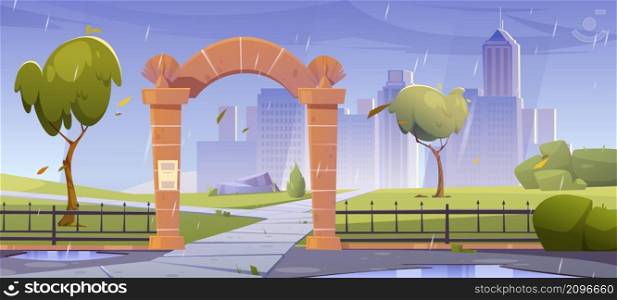 Stone gates, entrance to city park at rainy weather. Urban skyline with pathways, fence, wet green trees and bushes on cityscape background with skyscrapers architecture, Cartoon vector illustration. Stone gates, entrance to city garden or park area
