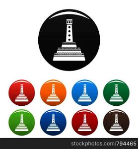 Stone lighthouse icons set 9 color vector isolated on white for any design. Stone lighthouse icons set color